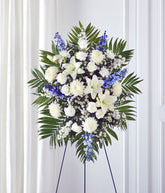 Blue delphinium and white flower standing spray