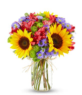 Floral arrangement featuring sunflowers, red alstroemeria, pink roses (in deluxe and premium versions), purple monte casino, and green button poms in a mason jar vase, with a personalized card message.