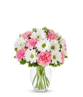 Pink roses, pink carnations and white daisies in a pink vase