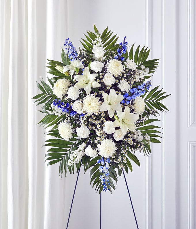 Blue delphinium and white flower standing spray
