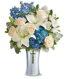 Cross vase with white roses and blue hydrangea