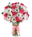 A delightful arrangement featuring hot pink spray roses, white traditional daisies, and pink mini carnations, beautifully arranged in a clear vase with a pink bow. This vibrant mix offers a cheerful and elegant display.